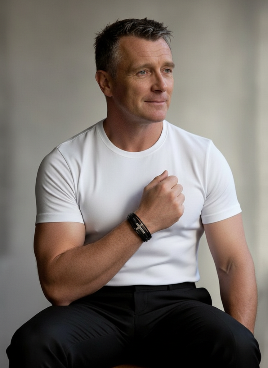 31MADISON BROOKLYN Men's Black Leather & Steel Cross Multi Wrap Bracelet