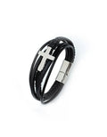 31MADISON BROOKLYN Men's Black Leather & Steel Cross Multi Wrap Bracelet