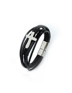 31MADISON BROOKLYN Men's Black Leather & Steel Cross Multi Wrap Bracelet