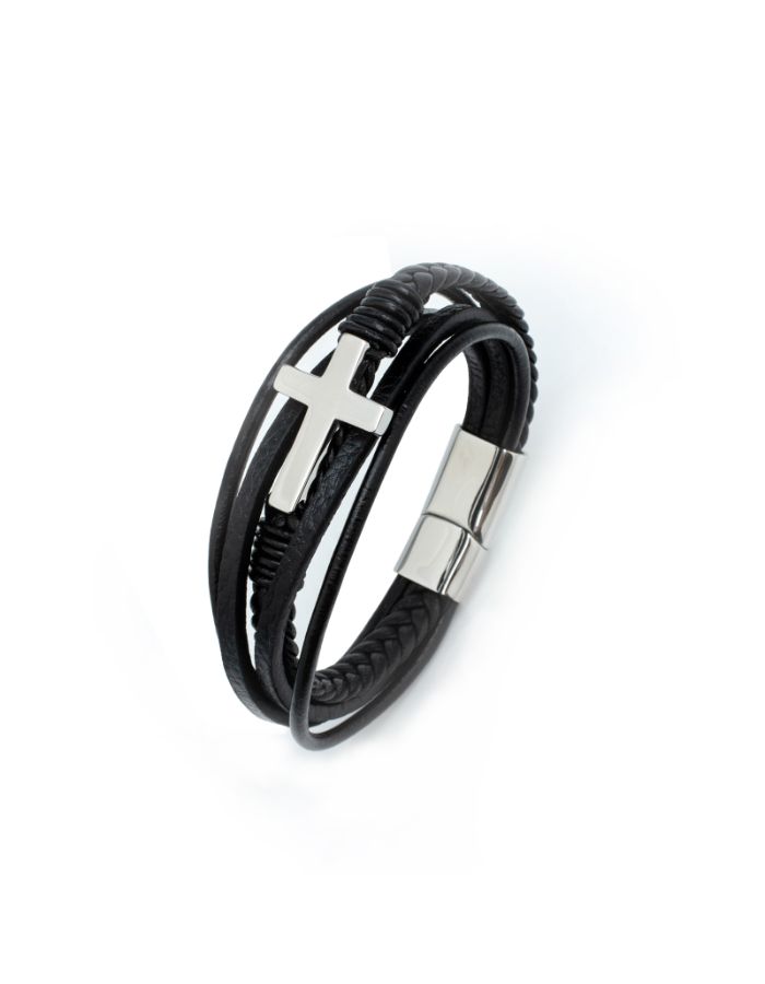 31MADISON BROOKLYN Men's Black Leather & Steel Cross Multi Wrap Bracelet