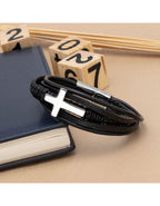 31MADISON BROOKLYN Men's Black Leather & Steel Cross Multi Wrap Bracelet