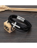 31MADISON BROOKLYN Men's Black Leather & Steel Cross Multi Wrap Bracelet