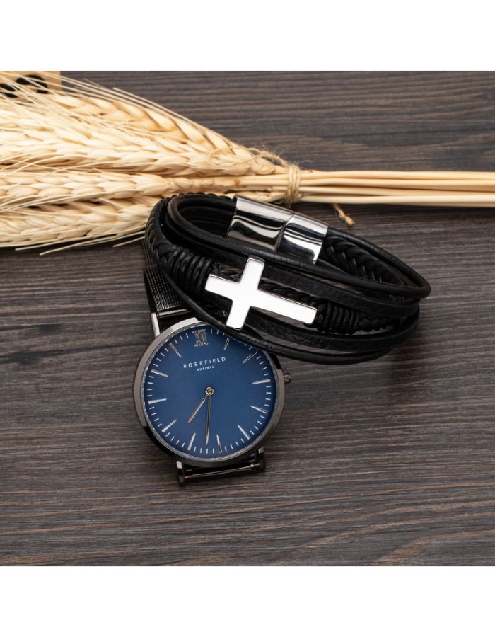 31MADISON BROOKLYN Men's Black Leather & Steel Cross Multi Wrap Bracelet